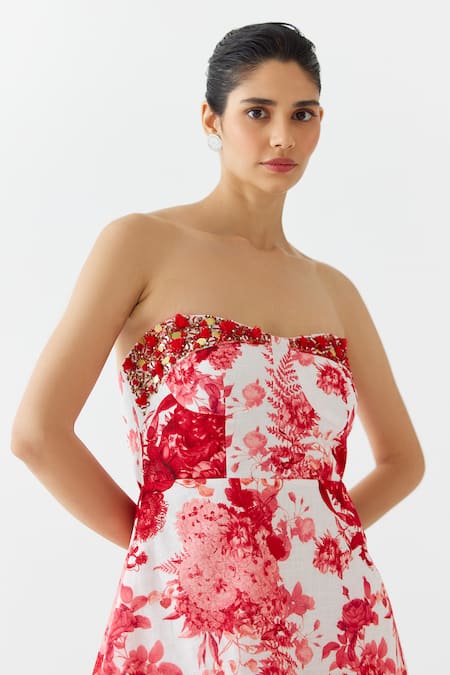Shop Studio Rigu Red Cotton Sequins, Tassels Off-shoulder Floral Chintz Print Tiered Dress Online at Aza Fashions Shop_Studio Rigu_Red Cotton Sequins, Tassels Off-shoulder Floral Chintz Print Tiered Dress _Online_at_Aza_Fashions
