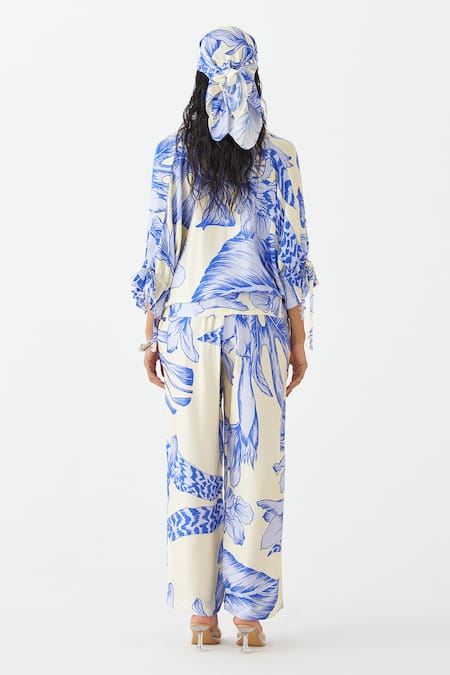 Shop Studio Rigu Blue Velvet Collared Contrast Aphrodite Print Shirt With Trouser at Aza Fashions Shop_Studio Rigu_Blue Velvet Collared Contrast Aphrodite Print Shirt With Trouser _at_Aza_Fashions