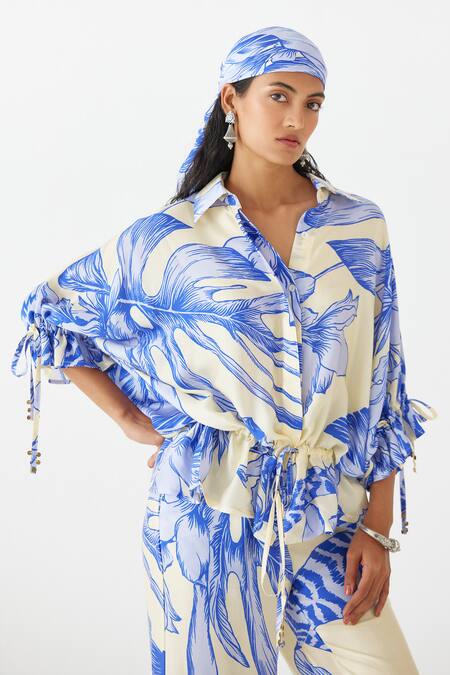 Buy Studio Rigu Blue Velvet Collared Contrast Aphrodite Print Shirt With Trouser Online at Aza Fashions Buy_Studio Rigu_Blue Velvet Collared Contrast Aphrodite Print Shirt With Trouser _Online_at_Aza_Fashions