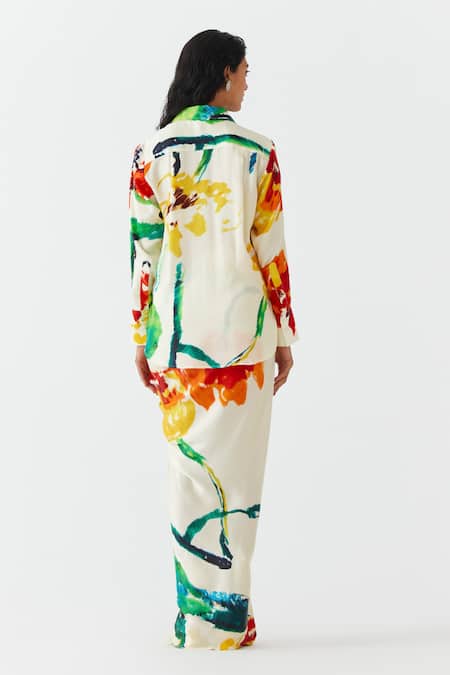 Shop Studio Rigu Multi Color Velvet Collared Contrast Monet Print Shirt With Draped Skirt at Aza Fashions Shop_Studio Rigu_Multi Color Velvet Collared Contrast Monet Print Shirt With Draped Skirt _at_Aza_Fashions
