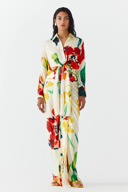 Studio Rigu Multi Color Velvet Collared Contrast Monet Print Shirt With Draped Skirt Online at Aza Fashions Studio Rigu_Multi Color Velvet Collared Contrast Monet Print Shirt With Draped Skirt _Online_at_Aza_Fashions