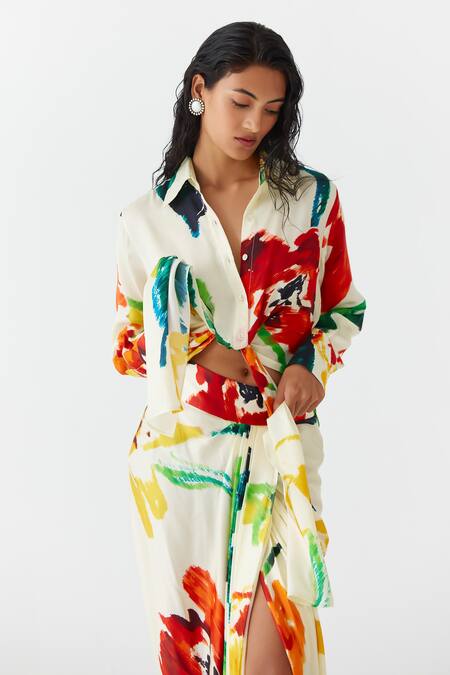 Buy Studio Rigu Multi Color Velvet Collared Contrast Monet Print Shirt With Draped Skirt Online at Aza Fashions Buy_Studio Rigu_Multi Color Velvet Collared Contrast Monet Print Shirt With Draped Skirt _Online_at_Aza_Fashions