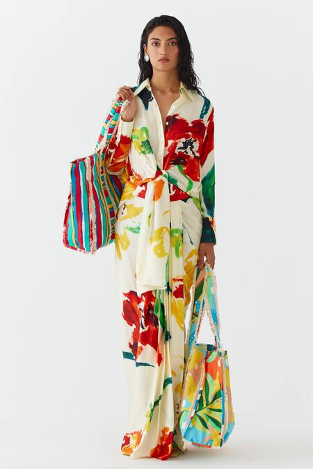 Studio Rigu Multi Color Velvet Collared Contrast Monet Print Shirt With Draped Skirt at Aza Fashions Studio Rigu_Multi Color Velvet Collared Contrast Monet Print Shirt With Draped Skirt _at_Aza_Fashions