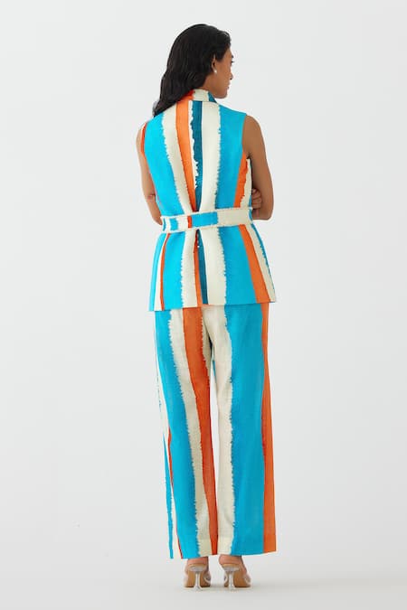 Shop Studio Rigu Multi Color Cotton Fringe Birch Stripe Print Blazer And Trouser Set at Aza Fashions Shop_Studio Rigu_Multi Color Cotton Fringe Birch Stripe Print Blazer And Trouser Set _at_Aza_Fashions