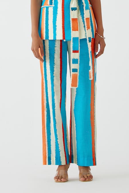 Studio Rigu Multi Color Cotton Fringe Birch Stripe Print Blazer And Trouser Set Online at Aza Fashions Studio Rigu_Multi Color Cotton Fringe Birch Stripe Print Blazer And Trouser Set _Online_at_Aza_Fashions