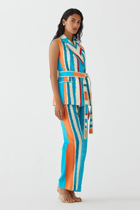 Buy Studio Rigu Multi Color Cotton Fringe Birch Stripe Print Blazer And Trouser Set Online at Aza Fashions Buy_Studio Rigu_Multi Color Cotton Fringe Birch Stripe Print Blazer And Trouser Set _Online_at_Aza_Fashions