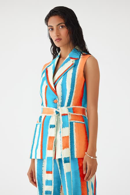 Shop Studio Rigu Multi Color Cotton Fringe Birch Stripe Print Blazer And Trouser Set Online at Aza Fashions Shop_Studio Rigu_Multi Color Cotton Fringe Birch Stripe Print Blazer And Trouser Set _Online_at_Aza_Fashions