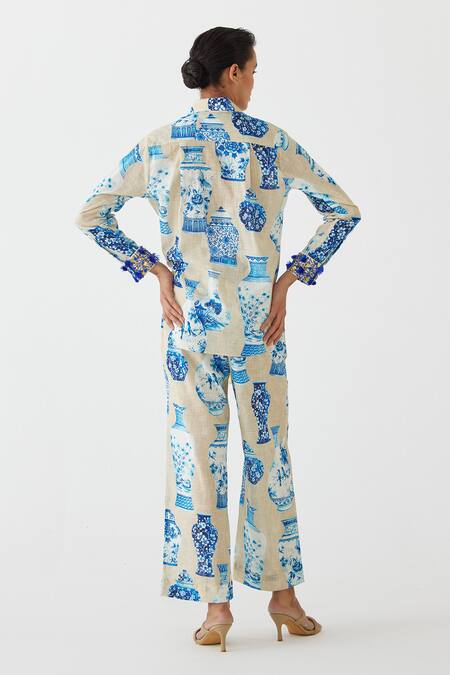 Shop Studio Rigu Blue Cotton Tassels, Sequins Collared Porcelain China Print Shirt With Pant at Aza Fashions Shop_Studio Rigu_Blue Cotton Tassels, Sequins Collared Porcelain China Print Shirt With Pant _at_Aza_Fashions