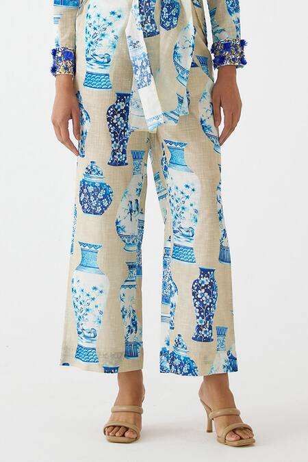 Studio Rigu Blue Cotton Tassels, Sequins Collared Porcelain China Print Shirt With Pant Online at Aza Fashions Studio Rigu_Blue Cotton Tassels, Sequins Collared Porcelain China Print Shirt With Pant _Online_at_Aza_Fashions