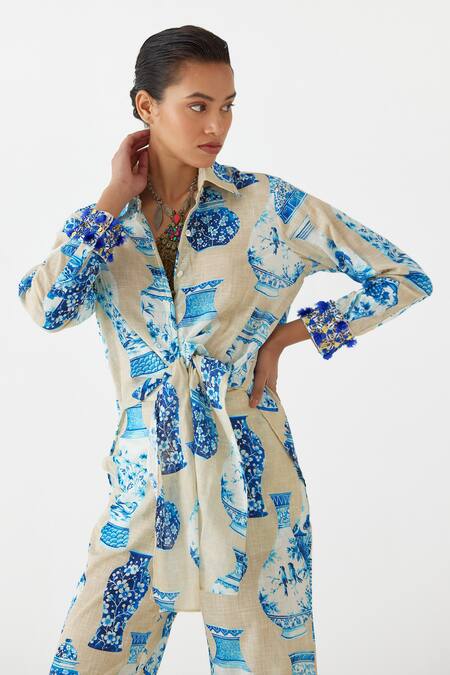 Buy Studio Rigu Blue Cotton Tassels, Sequins Collared Porcelain China Print Shirt With Pant Online at Aza Fashions Buy_Studio Rigu_Blue Cotton Tassels, Sequins Collared Porcelain China Print Shirt With Pant _Online_at_Aza_Fashions