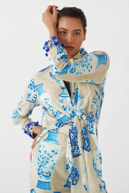 Shop Studio Rigu Blue Cotton Tassels, Sequins Collared Porcelain China Print Shirt With Pant Online at Aza Fashions Shop_Studio Rigu_Blue Cotton Tassels, Sequins Collared Porcelain China Print Shirt With Pant _Online_at_Aza_Fashions