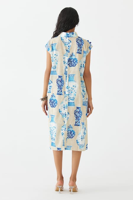 Shop Studio Rigu Blue Cotton Collared Porcelain China Print Dress at Aza Fashions Shop_Studio Rigu_Blue Cotton Collared Porcelain China Print Dress _at_Aza_Fashions