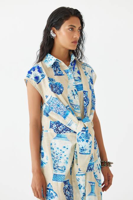 Studio Rigu Blue Cotton Collared Porcelain China Print Dress Online at Aza Fashions Studio Rigu_Blue Cotton Collared Porcelain China Print Dress _Online_at_Aza_Fashions