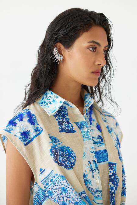 Buy Studio Rigu Blue Cotton Collared Porcelain China Print Dress Online at Aza Fashions Buy_Studio Rigu_Blue Cotton Collared Porcelain China Print Dress _Online_at_Aza_Fashions