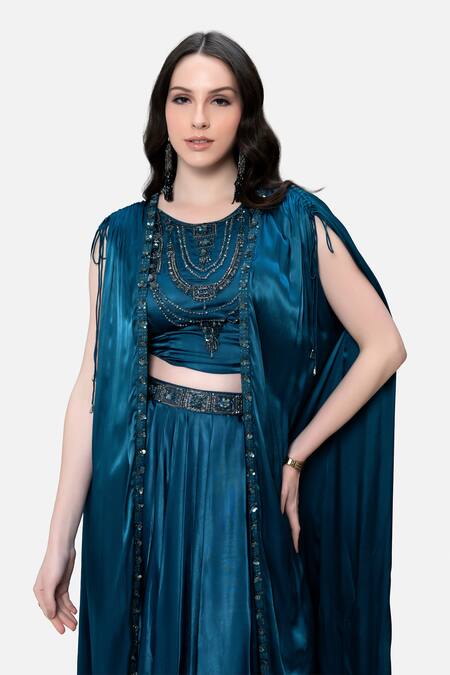 Kelaayah_Blue Satin, Chiffon Sequins, Cut Work, Embroidery Border Cape Dhoti Pant Set_Online_at_Aza_Fashions