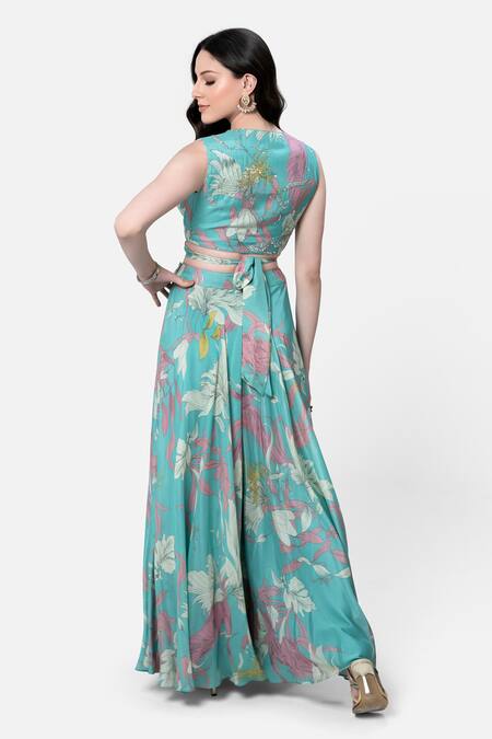 Shop Kelaayah Blue Modal, Satin, Georgette Stones, Tropical Floral Print Top With Palazzo at Aza Fashions Shop_Kelaayah_Blue Modal, Satin, Georgette Stones, Tropical Floral Print Top With Palazzo_at_Aza_Fashions
