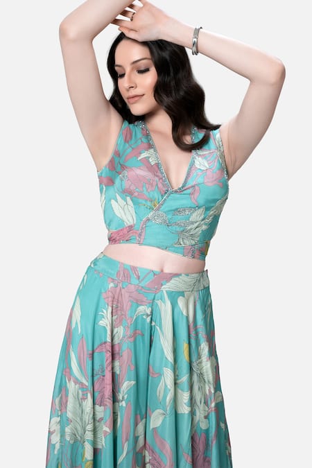 Kelaayah Blue Modal, Satin, Georgette Stones, Tropical Floral Print Top With Palazzo Online at Aza Fashions Kelaayah_Blue Modal, Satin, Georgette Stones, Tropical Floral Print Top With Palazzo_Online_at_Aza_Fashions