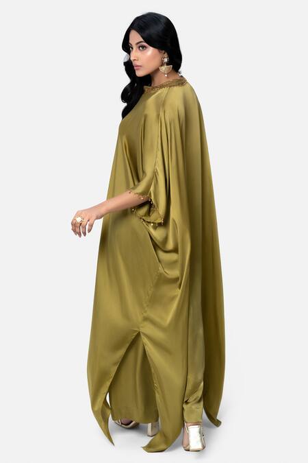 Shop Kelaayah Green Satin Crystals, Sequins, Placement Hand Embroidered Kaftan With Culottes at Aza Fashions Shop_Kelaayah_Green Satin Crystals, Sequins, Placement Hand Embroidered Kaftan With Culottes_at_Aza_Fashions