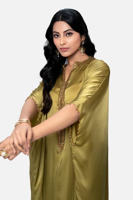 Kelaayah Green Satin Crystals, Sequins, Placement Hand Embroidered Kaftan With Culottes Online at Aza Fashions Kelaayah_Green Satin Crystals, Sequins, Placement Hand Embroidered Kaftan With Culottes_Online_at_Aza_Fashions