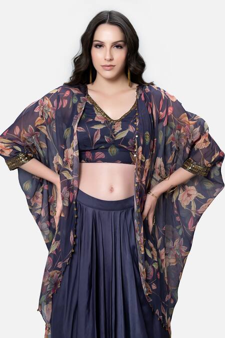 Kelaayah_Purple Organza, Georgette Sequins, Beads Round Floral Print Cape Dhoti Skirt Set_Online_at_Aza_Fashions
