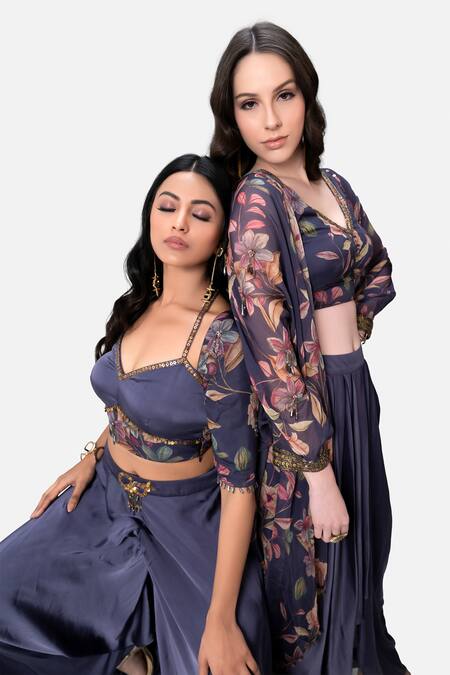 Buy_Kelaayah_Purple Organza, Georgette Sequins, Beads Round Floral Print Cape Dhoti Skirt Set_Online_at_Aza_Fashions
