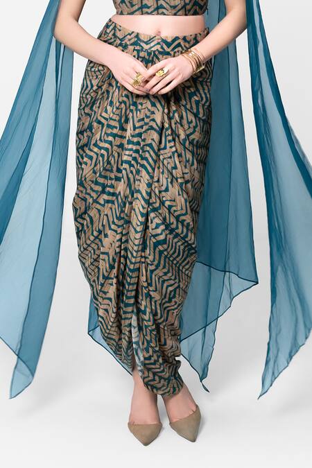 Kelaayah_Green Organza, Satin Beads Sweetheart Wooden Embroidered Blouse Dhoti Skirt Set_Online_at_Aza_Fashions