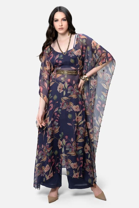 Kelaayah Purple Organza Print Floral Three Quarter Sleeves Kaftan And Culottes Set 