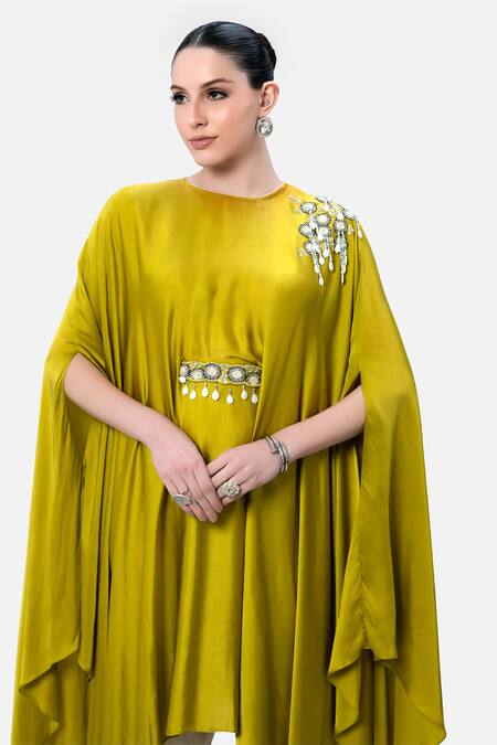 Kelaayah_Yellow Satin Beads, Sequins Placement Embroidered Asymmetric Kaftan With Pant_Online_at_Aza_Fashions