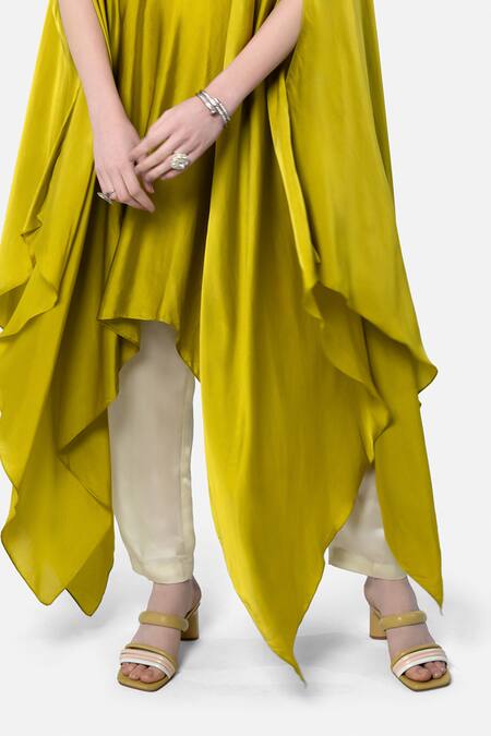 Buy_Kelaayah_Yellow Satin Beads, Sequins Placement Embroidered Asymmetric Kaftan With Pant_Online_at_Aza_Fashions