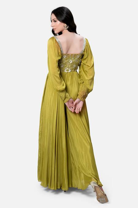Shop Kelaayah Yellow Chiffon Beads, Sequins Sweetheart Neck Floral Crystal Embroidered Gown at Aza Fashions Shop_Kelaayah_Yellow Chiffon Beads, Sequins Sweetheart Neck Floral Crystal Embroidered Gown_at_Aza_Fashions