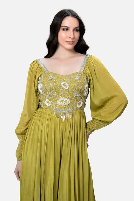 Kelaayah Yellow Chiffon Beads, Sequins Sweetheart Neck Floral Crystal Embroidered Gown Online at Aza Fashions Kelaayah_Yellow Chiffon Beads, Sequins Sweetheart Neck Floral Crystal Embroidered Gown_Online_at_Aza_Fashions