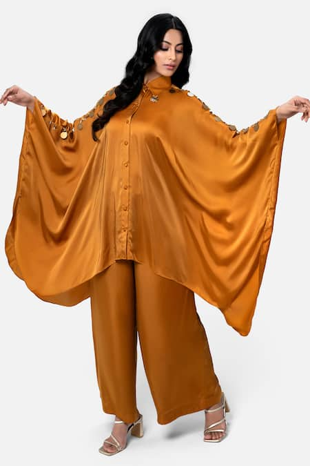 Kelaayah Orange Imported Satin Placement Embroidery Patra Coin Work Kaftan With Pant 