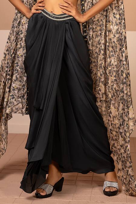 Kelaayah_Black Crepe, Chiffon Sequins Open Marble Print Embellished Cape Draped Skirt Set_Online_at_Aza_Fashions