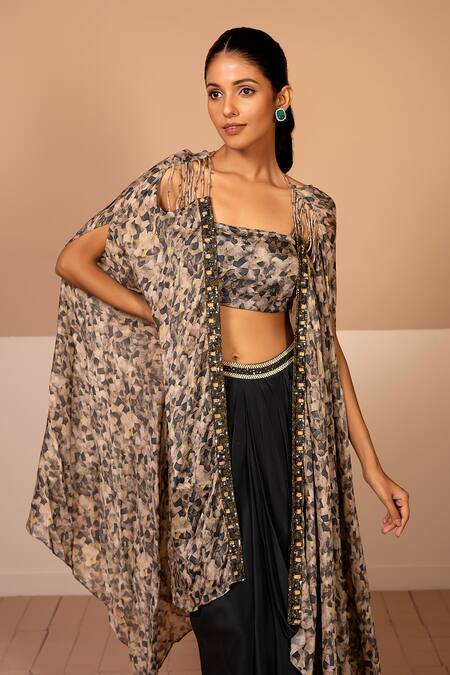 Buy_Kelaayah_Black Crepe, Chiffon Sequins Open Marble Print Embellished Cape Draped Skirt Set_Online_at_Aza_Fashions