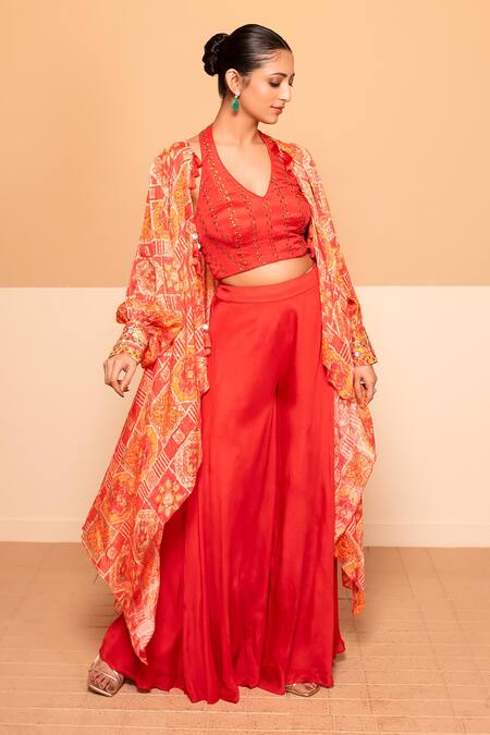Shop Kelaayah Red Chiffon Sequins Halter Neck Fleur Art Print Cape Gharara Pant Set at Aza Fashions Shop_Kelaayah_Red Chiffon Sequins Halter Neck Fleur Art Print Cape Gharara Pant Set_at_Aza_Fashions