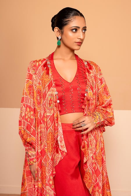 Kelaayah Red Chiffon Sequins Halter Neck Fleur Art Print Cape Gharara Pant Set Online at Aza Fashions Kelaayah_Red Chiffon Sequins Halter Neck Fleur Art Print Cape Gharara Pant Set_Online_at_Aza_Fashions