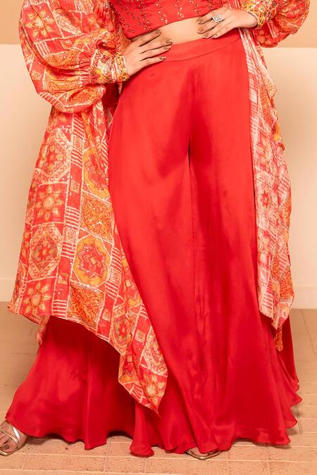 Buy Kelaayah Red Chiffon Sequins Halter Neck Fleur Art Print Cape Gharara Pant Set Online at Aza Fashions Buy_Kelaayah_Red Chiffon Sequins Halter Neck Fleur Art Print Cape Gharara Pant Set_Online_at_Aza_Fashions