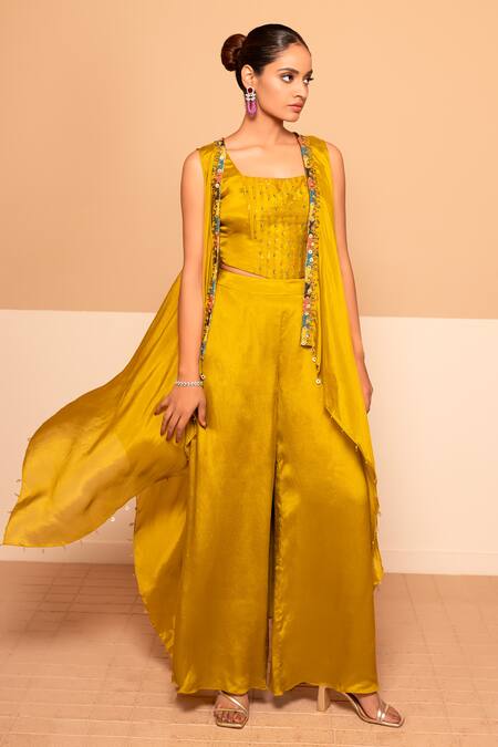 Shop Kelaayah Yellow Chiffon Sequins, Beads, Embroidery Square Nalki Wave Cape Palazzo Set at Aza Fashions Shop_Kelaayah_Yellow Chiffon Sequins, Beads, Embroidery Square Nalki Wave Cape Palazzo Set_at_Aza_Fashions