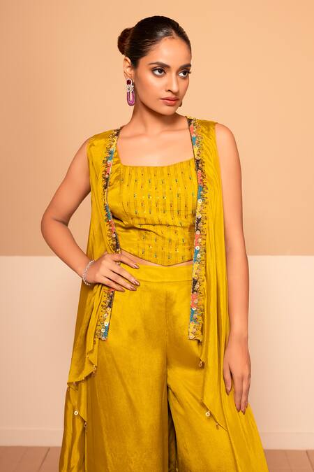 Kelaayah Yellow Chiffon Sequins, Beads, Embroidery Square Nalki Wave Cape Palazzo Set Online at Aza Fashions Kelaayah_Yellow Chiffon Sequins, Beads, Embroidery Square Nalki Wave Cape Palazzo Set_Online_at_Aza_Fashions