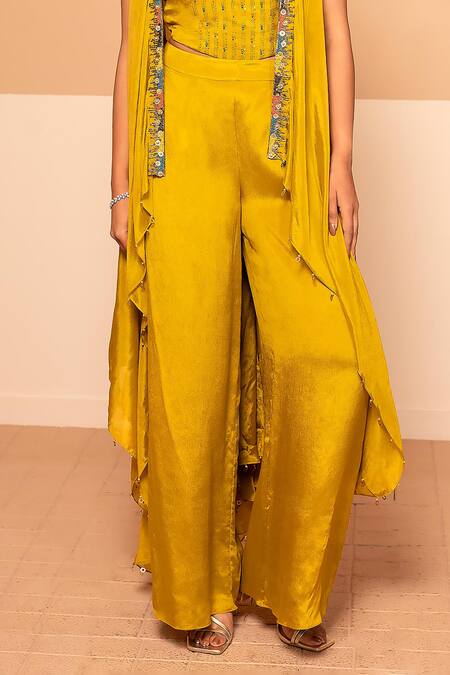 Buy Kelaayah Yellow Chiffon Sequins, Beads, Embroidery Square Nalki Wave Cape Palazzo Set Online at Aza Fashions Buy_Kelaayah_Yellow Chiffon Sequins, Beads, Embroidery Square Nalki Wave Cape Palazzo Set_Online_at_Aza_Fashions
