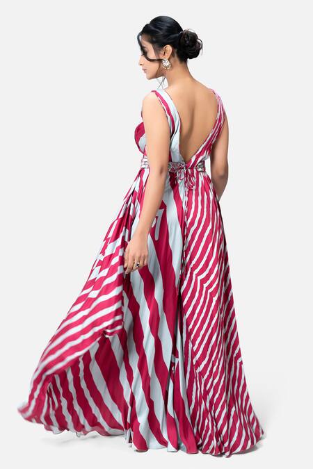 Shop Kelaayah Pink Modal, Satin Embroidery, Stones Leheriya Wave Pattern Dress With Belt at Aza Fashions Shop_Kelaayah_Pink Modal, Satin Embroidery, Stones Leheriya Wave Pattern Dress With Belt_at_Aza_Fashions