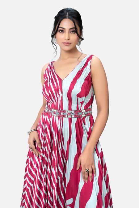 Kelaayah Pink Modal, Satin Embroidery, Stones Leheriya Wave Pattern Dress With Belt Online at Aza Fashions Kelaayah_Pink Modal, Satin Embroidery, Stones Leheriya Wave Pattern Dress With Belt_Online_at_Aza_Fashions