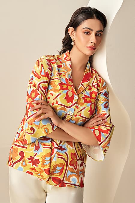 Shop_Couché By Anandini_Yellow Shirt 92% Poly Printed Floral Notched The Laze Around And Trouser Set _at_Aza_Fashions