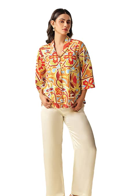 Couché By Anandini_Yellow Shirt 92% Poly Printed Floral Notched The Laze Around And Trouser Set _Online_at_Aza_Fashions