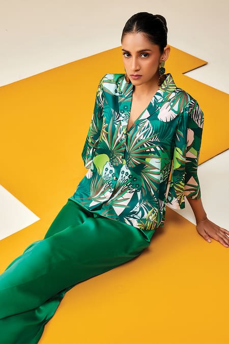 Shop Couché By Anandini Green Shirt 67% Recycled Poly Printed Tropical The Laze Around And Trouser Set at Aza Fashions Shop_Couché By Anandini_Green Shirt 67% Recycled Poly Printed Tropical The Laze Around And Trouser Set _at_Aza_Fashions