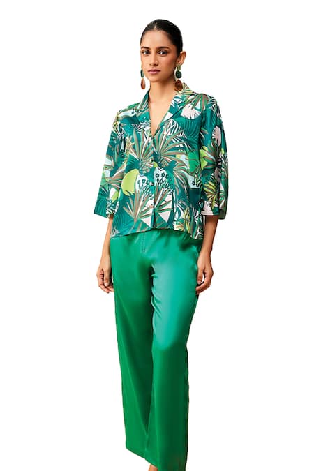 Couché By Anandini Green Shirt 67% Recycled Poly Printed Tropical The Laze Around And Trouser Set Online at Aza Fashions Couché By Anandini_Green Shirt 67% Recycled Poly Printed Tropical The Laze Around And Trouser Set _Online_at_Aza_Fashions