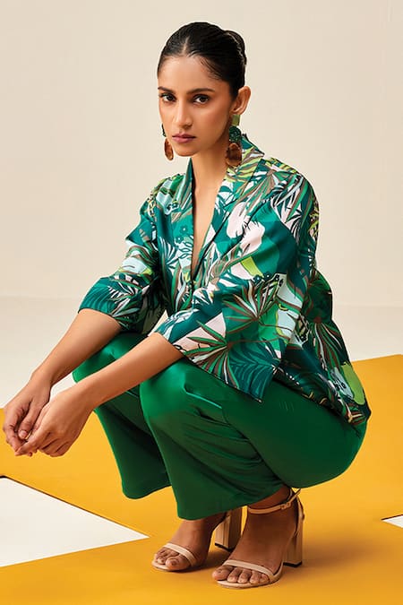 Shop Couché By Anandini Green Shirt 67% Recycled Poly Printed Tropical The Laze Around And Trouser Set Online at Aza Fashions Shop_Couché By Anandini_Green Shirt 67% Recycled Poly Printed Tropical The Laze Around And Trouser Set _Online_at_Aza_Fashions