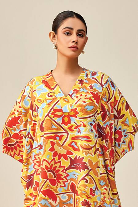 Shop_COUCHÉ By Anandini_Yellow 92% Poly Printed Floral V Neck Trickle Down Kaftan _at_Aza_Fashions