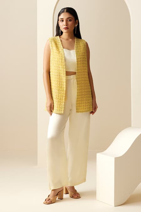 Couche Yellow Lurex Tweed Chanel Textured Open Overlay Pant Set 