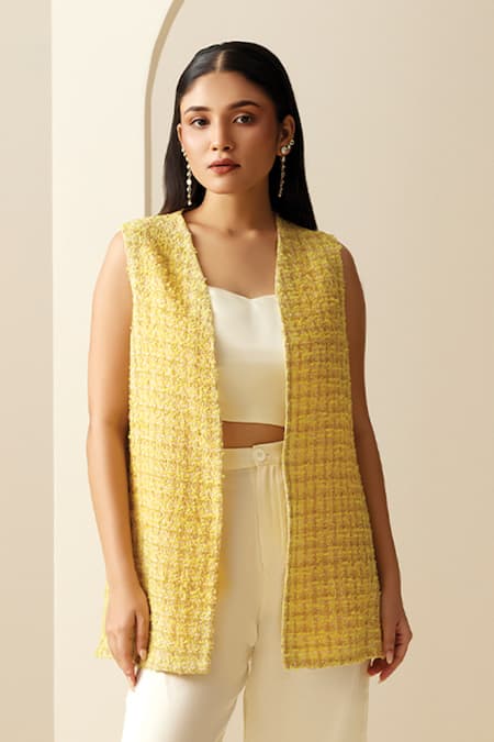 Shop Couché By Anandini Yellow Lurex Tweed Chanel Textured Open Overlay Pant Set at Aza Fashions Shop_Couché By Anandini_Yellow Lurex Tweed Chanel Textured Open Overlay Pant Set _at_Aza_Fashions